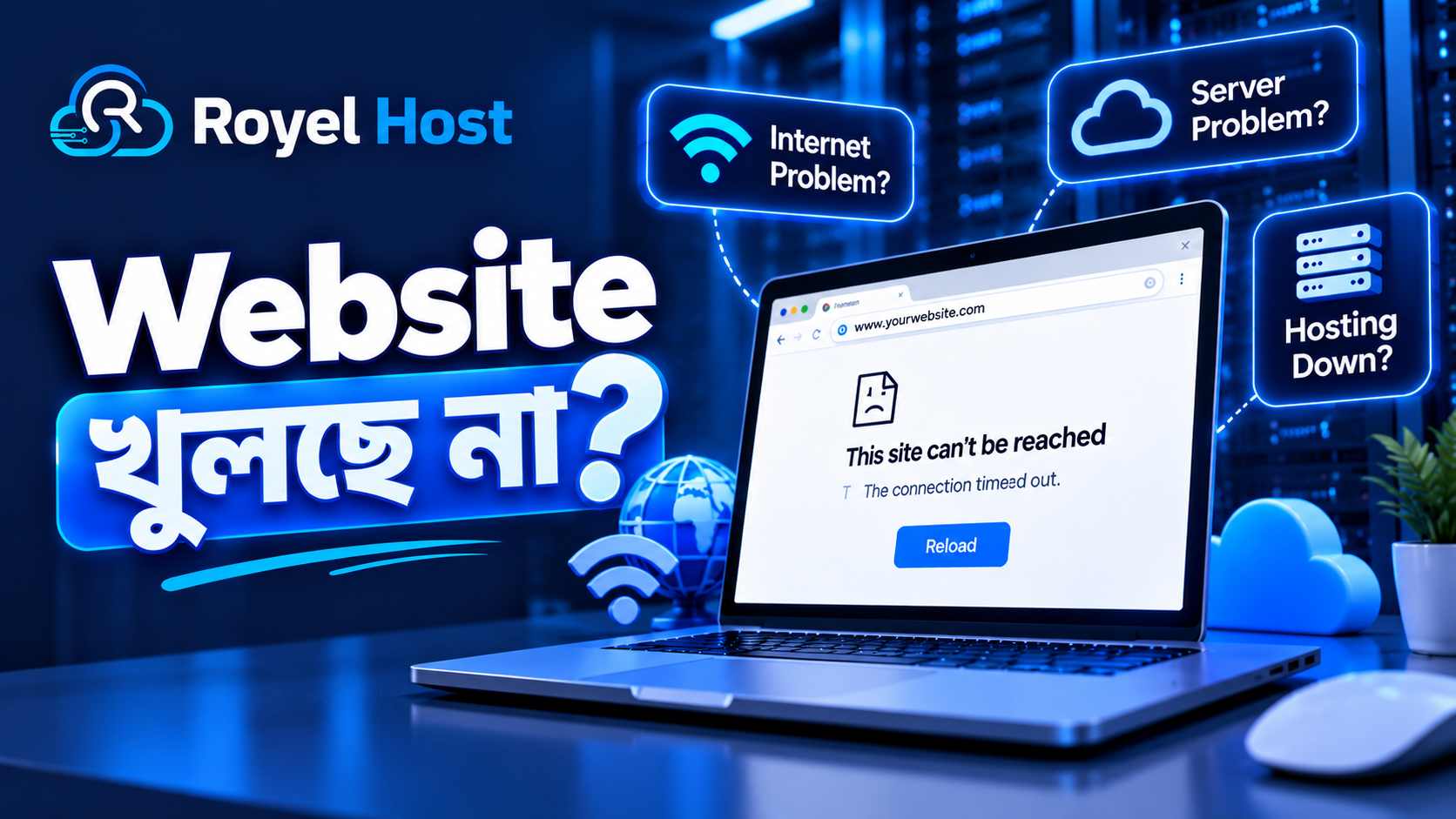 Website not opening problem showing server connection error and hosting troubleshooting with Royel Host branding.