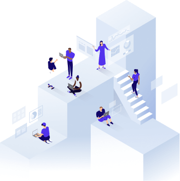 Illustration of people collaborating and analyzing data.